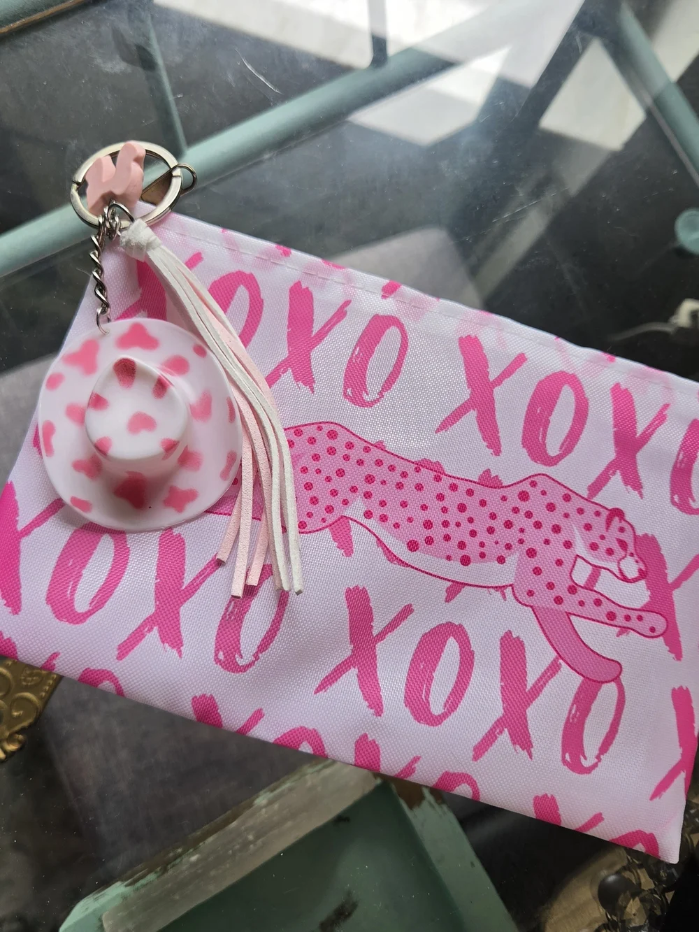Pink XOXO Leopard Pouch with Tassel Keychain